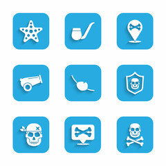 Poster - Set Pirate eye patch, Location pirate, Skull crossbones, Shield with skull, Cannon, and Starfish icon. Vector