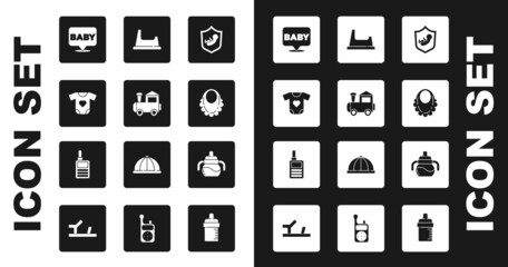 Canvas Print - Set Baby on shield, Toy train, clothes, bib, potty, bottle and Monitor Walkie Talkie icon. Vector