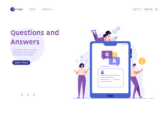 Wall Mural - People asking question in support chat. Customers finding answer. Concept of customer guide, support chat, faq, questions and answers. Vector illustration flat design for banner, landing page template