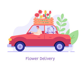 Wall Mural - Courier in car delivering flowers order. Concept of flower delivery service, plant order online, flower shop. Vector illustration flat design for web banner, mobile app