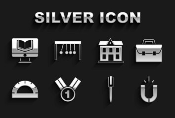 Sticker - Set Medal, Briefcase, Magnet, Pen, Protractor grid, School building, Online class and Pendulum icon. Vector