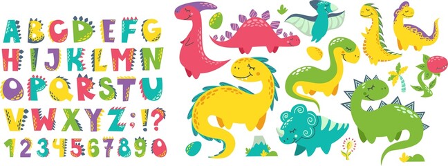 Vector set for printing on baby clothes. Dinosaurs, letters, numbers, volcano, carnivorous plants, flowers, twigs, alphabet stylized as dinosaurs. Bright letters and monsters.