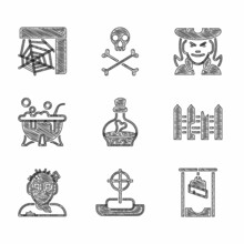 Set Bottle With Potion, Tombstone Cross, Guillotine, Garden Fence Wooden, Zombie Mask, Halloween Witch Cauldron, Witch And Spider Web Icon. Vector