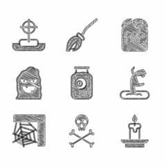 Sticker - Set Eye in a jar, Skull on crossbones, Burning candle, Zombie hand, Spider web, Funny scary ghost mask, Tombstone with RIP written and icon. Vector