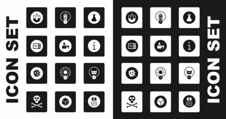 Poster - Set Test tube and flask, Factory production, Microwave oven, Magnet, Information, Trash can, Delicate wash and Bomb explosion icon. Vector