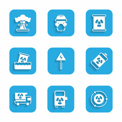 Sticker - Set High voltage sign, Electric car charging station, Radioactive, Nuclear energy battery, Truck with radiation materials, waste barrel, and explosion icon. Vector