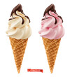 Soft serve ice cream in wafer style cone. Chocolate and cream 3d realistic vector icons