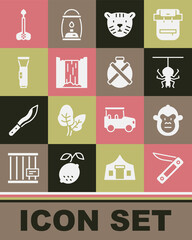 Canvas Print - Set Swiss army knife, Monkey, Spider, Tiger head, Waterfall, Flashlight, Arrow and Canteen water bottle icon. Vector