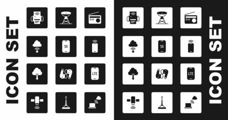 Sticker - Set Radio, Mobile with 5G, Network cloud connection, Smart printer system, wi-fi wireless, Satellite dish, LTE network and Cloud download icon. Vector