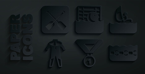 Poster - Set Medal, Windsurfing, Wetsuit for scuba diving, Swimming pool, Water polo and Paddle icon. Vector