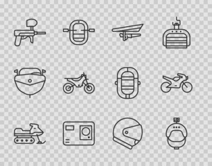 Sticker - Set line Snowmobile, Helmet and action camera, Hang glider, Action extreme, Paintball gun, Mountain bike, and Motorcycle icon. Vector