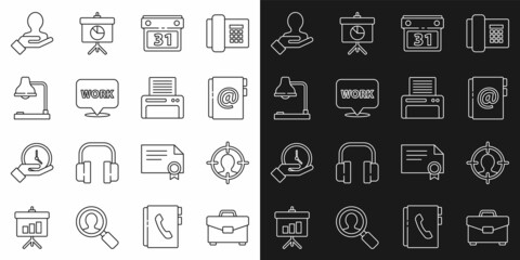 Poster - Set line Briefcase, Head hunting concept, Address book, Calendar, Location with text work, Table lamp, Hand for search people and Printer icon. Vector