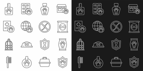 Sticker - Set line Animal health insurance, Bag of food, Canned, Pet shampoo, World pet, Clinical record, and Anti worms parasite icon. Vector