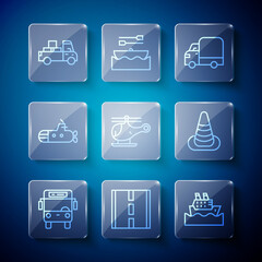 Canvas Print - Set line Bus, Road, Cruise ship, Delivery cargo truck, Helicopter, Submarine, and Traffic cone icon. Vector