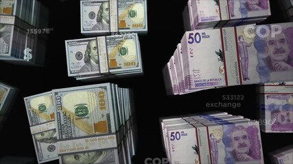 Wall Mural - American Dollar and Colombia Peso money exchange. Banknotes pack bundle. Concept of trade, economy, competition, crisis, banking and finance. Notes loopable seamless 3d.