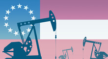 Silhouette Of Oil Pumps Against Flag Of The Confederate States Of America 1861 1863 State USA. Extraction Grade Crude Oil And Gas. Concept Of Oil Fields And Oil Companies, Hydrocarbon Market, Industry