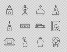 Set Line Coffin With Cross, Memorial Wreath, Church Tower, Flower Vase, Old Crypt, Funeral Urn And Mourning Photo Frame Icon. Vector