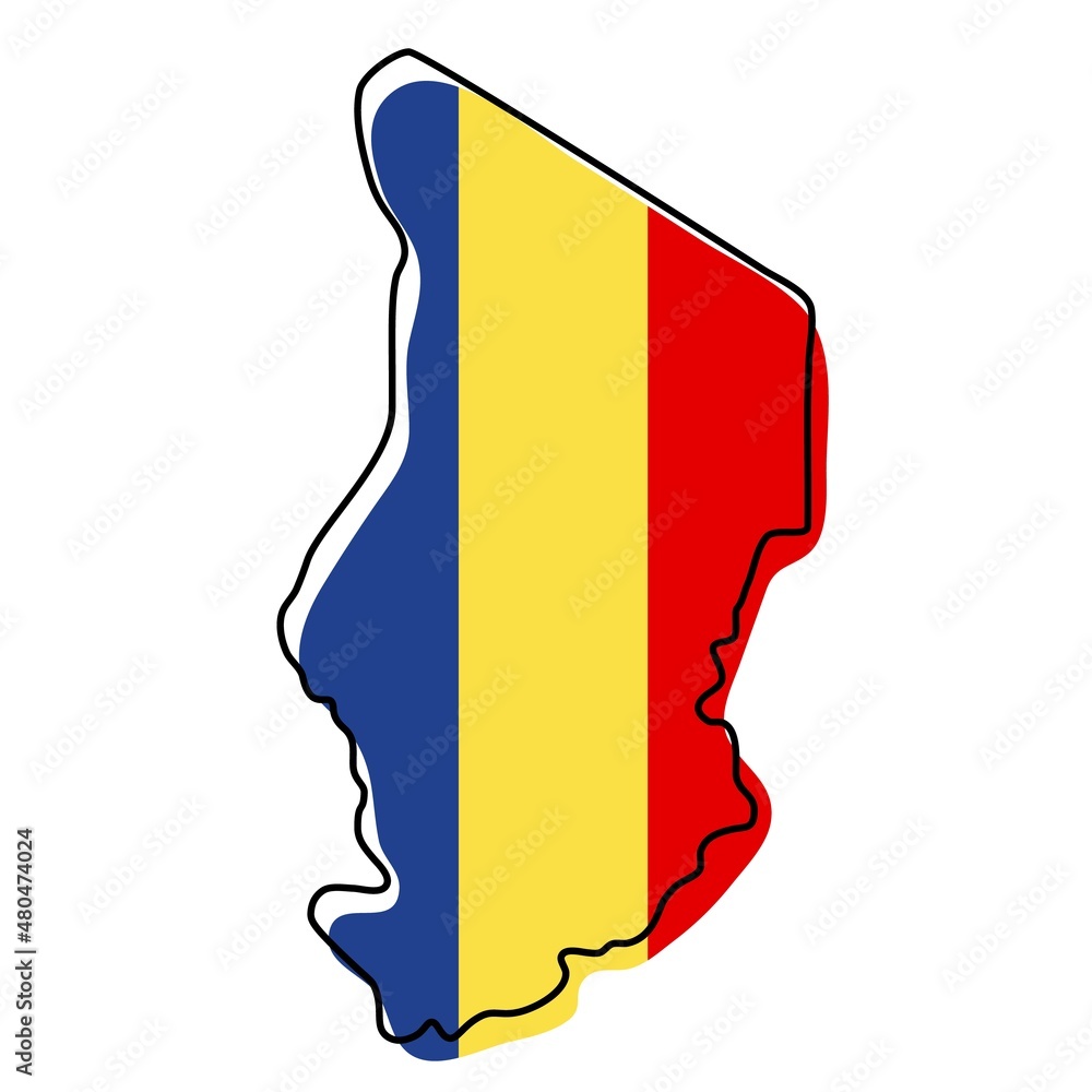 Stylized outline map of Chad with national flag icon. Flag color map of ...