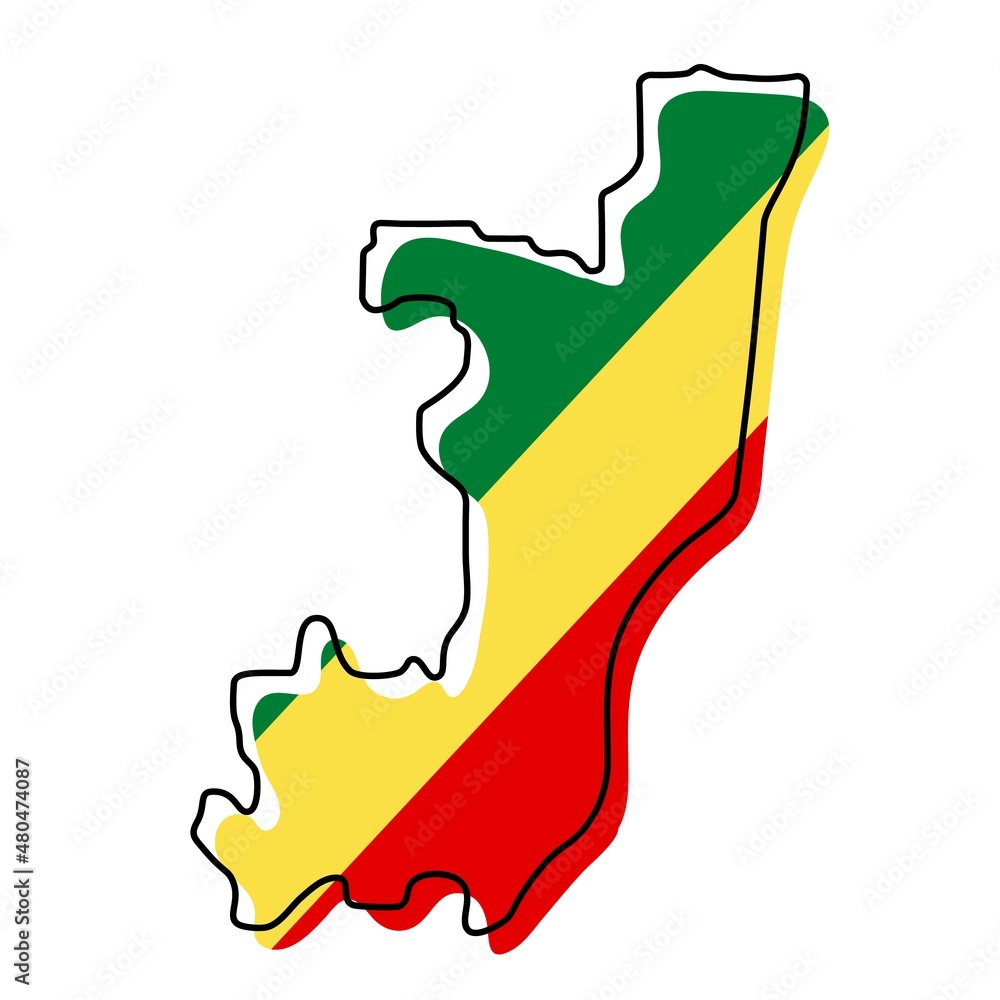 Stylized outline map of Congo with national flag icon. Flag color map ...