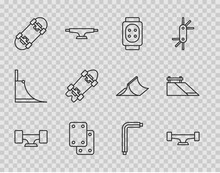 Set Line Skateboard Wheel, Knee Pads, Longboard Or Skateboard, Tool Allen Keys And Park Icon. Vector