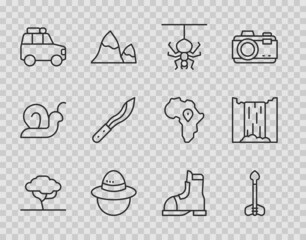 Poster - Set line African tree, Arrow, Spider, Camping hat, Car, Machete, Hunter boots and Waterfall icon. Vector