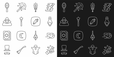 Poster - Set line Hand holding fire, Fireball, Bottle with potion, Magic sword, wand, All-seeing eye of God, hand mirror and stone icon. Vector