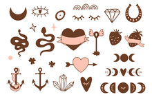Old Tattooing School Colored Icons Set. Vintage Tattoo Logos. Brown Pink Shapes Of Snake, Heart, Anchor, Moon Phase. Vector Illustration Isolated Graphic Element For Valentines Day, Birthday.