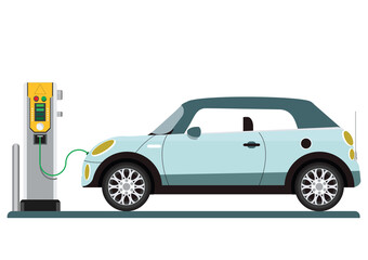 Electric car connected to power station charger on white background.