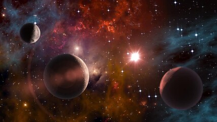 Wall Mural - space journey slowly flying through universe among planets galaxies stars and nebulae