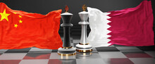 China Qatar Talks, Meeting Or Trade Between Those Two Countries That Aims At Solving Political Issues, Symbolized By A Chess Game With National Flags, 3d Illustration