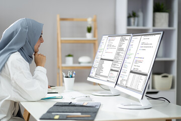 Programmer Woman Wearing Hijab Working