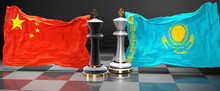 China Kazakhstan Talks, Meeting Or Trade Between Those Two Countries That Aims At Solving Political Issues, Symbolized By A Chess Game With National Flags, 3d Illustration