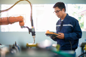 Automation concept: Asian senior robot training engineer is holding robot controller and monitoring to welding robot in workshop.