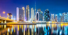 Panorama Of Night Dubai City Skyline, UAE