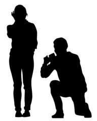 Wall Mural - Young people holds a camera in her hand. Isolated silhouettes of people on a white background