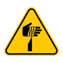 Sharp Element Warning Sign. Vector Illustration Of Yellow Triangle Sign With Bandaged Hand Above Sharp Tool. Risk Of Injury, Wound Body. Caution Dangerous Objects. 