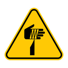 Sharp element warning sign. Vector illustration of yellow triangle sign with bandaged hand above sharp tool. Risk of injury, wound body. Caution dangerous objects. 