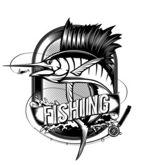 Wall Mural - Marline fishing grunge background. Fishing retro theme. Sword fish.