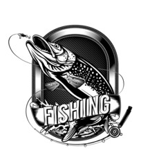 Wall Mural - Pike fishing emblem. Pike fish logo vector. Outdoor fishing background theme. Angry fish logo.