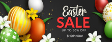 Easter Sale Vector Banner Design. Easter Sale Text  Up To 50% Off Discount With 3d Egg Patterns In Black Elegant Background For Seasonal Clearance Promotion Ads. Vector Illustration.
