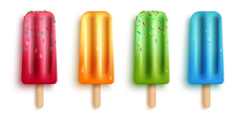 Wall Mural - Popsicles element vector set design. 3d realistic popsicle dessert with sweet, fruity flavor like strawberry and orange isolated in white background for summer ice cream collection.