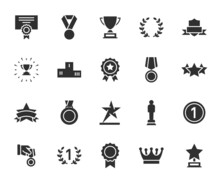 Vector Set Of Award Flat Icons. Contains Icons Medal, First Place, Diploma, Trophy, Statuette, Crown, Laurel Wreath And More. Pixel Perfect.