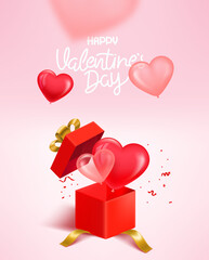 Wall Mural - Happy Valentines Day vertical card with balloons and lettering inscription. 3d vector illustration