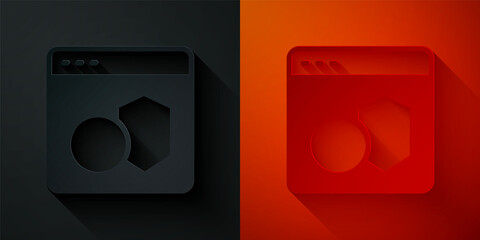 Paper cut Software, web developer programming code icon isolated on black and red background. Javascript computer script random parts of program code. Paper art style. Vector