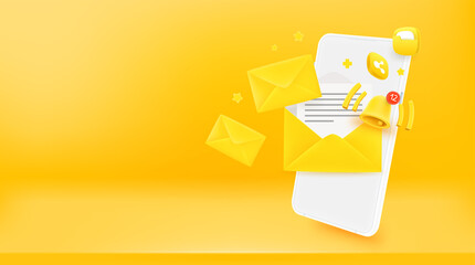 Poster - Sending and receiving messages via modern mobile phone. 3d vector banner with copy space