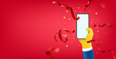 Aufkleber - Man holding modern smartphone with red ribbons. Vector banner with copy space