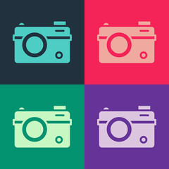 Sticker - Pop art Photo camera icon isolated on color background. Foto camera. Digital photography. Vector