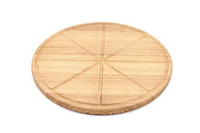 Round Wooden Pizza Cutting Board With Slice Grooves Isolated On White