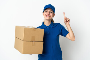 Wall Mural - Young delivery woman isolated on white background pointing up a great idea