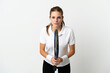 © luismolinero - Young caucasian woman isolated on white background playing tennis